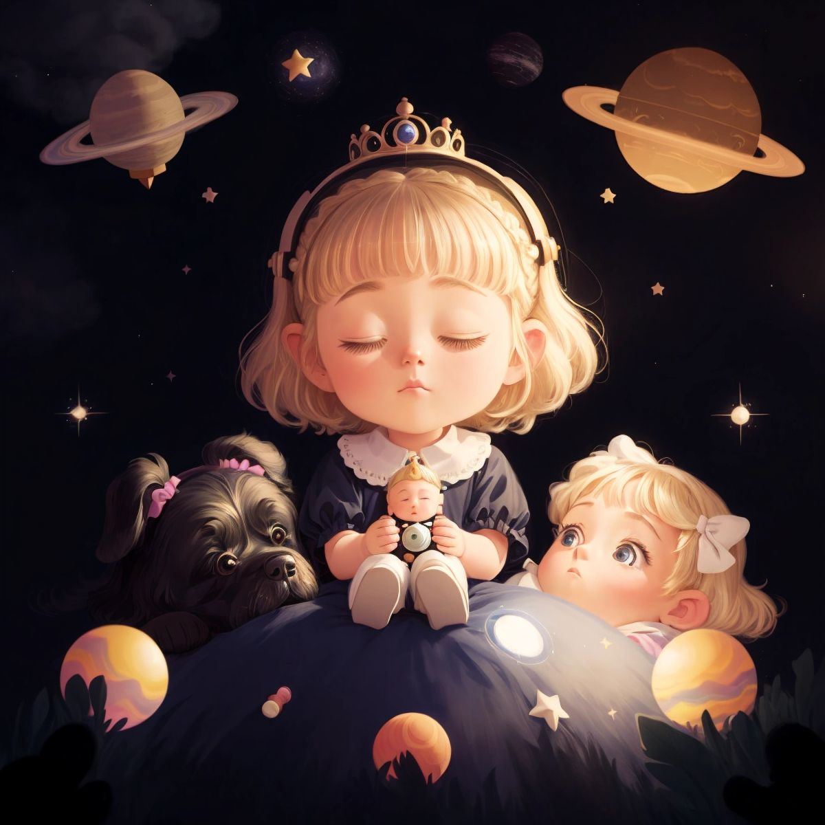 Princess Poppy and Gustav in their beds, eyes closed, with dream bubbles showing a rocket ship and planets above their heads.