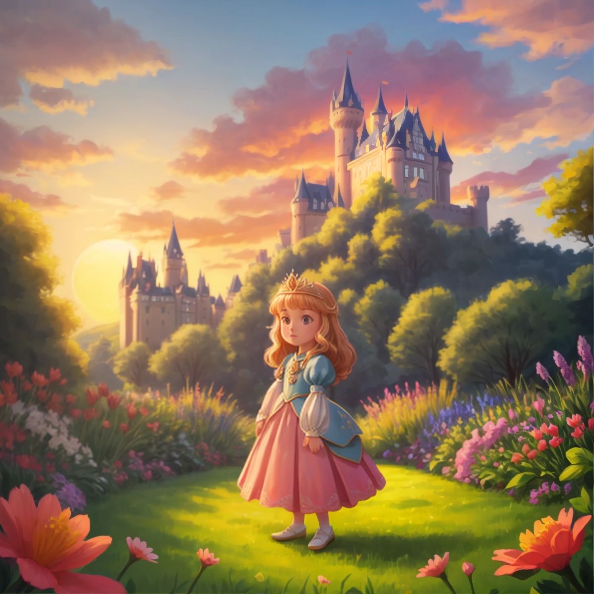 Princess Poppy standing in the garden with the castle in the distance and a sunset sky.