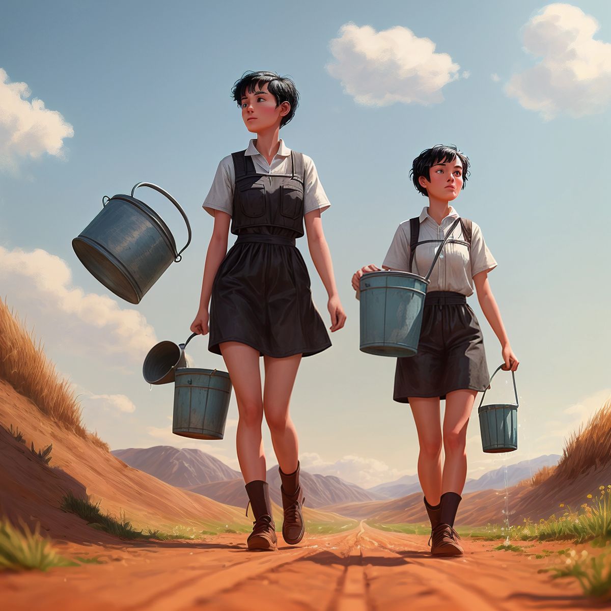 Helen walking through the steppe with two buckets, one of which has a visible leak dripping water.