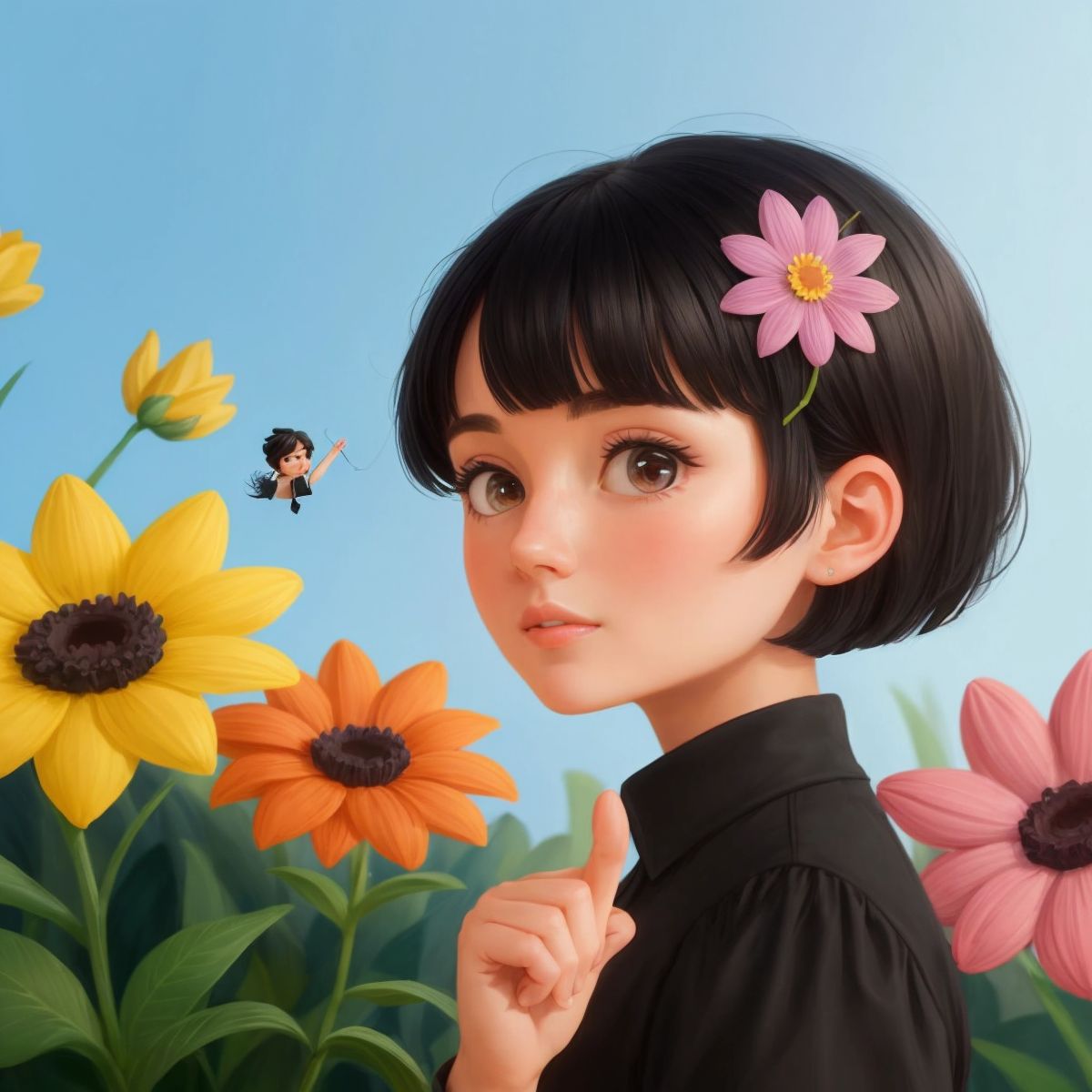 Helen pointing out the flowers to The Leaky Bucket, which looks surprised as it notices the flowers for the first time.