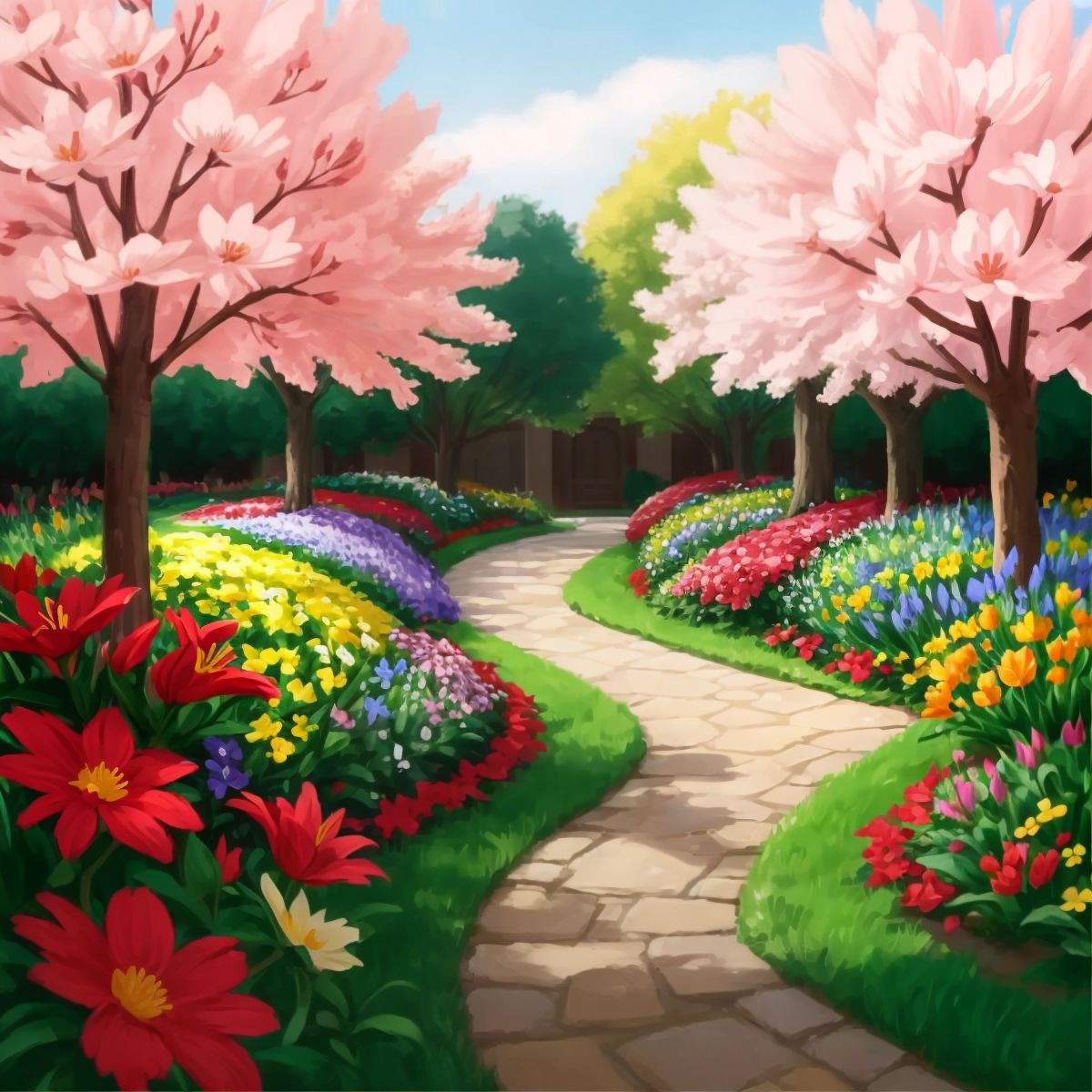 A blooming flowerbed along the path, symbolizing the positive impact of The Leaky Bucket's flaw.