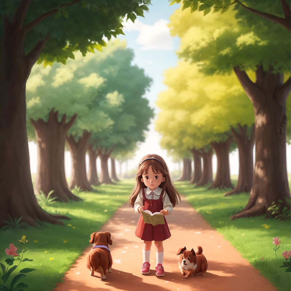 Emily Rose in the park with a lost dog, reading its collar tag. The park is peaceful with trees and a walking path.