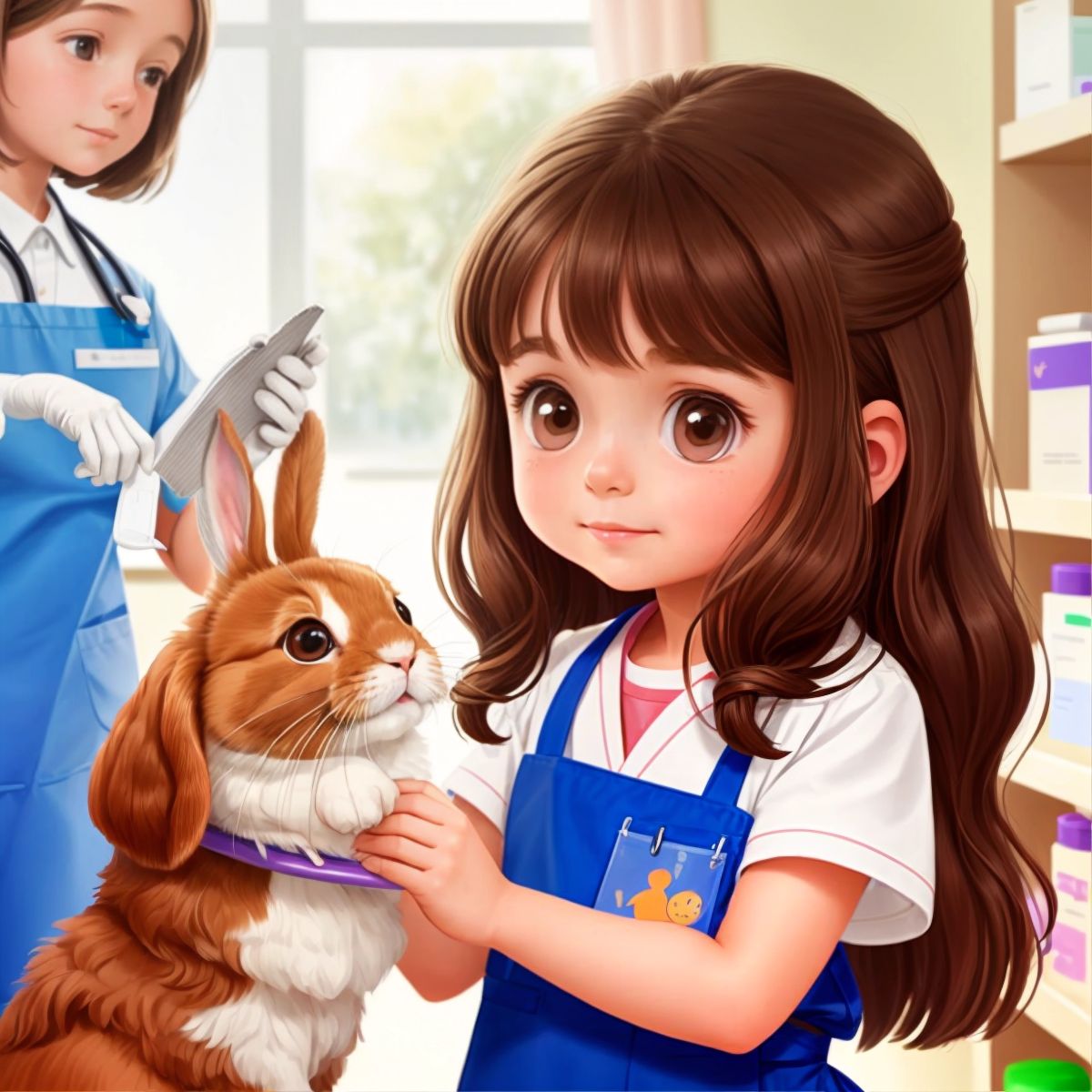 Emily Rose assisting the vet in the local veterinarian's office, holding a rabbit still for a check-up. The clinic is busy with pets and pet owners.