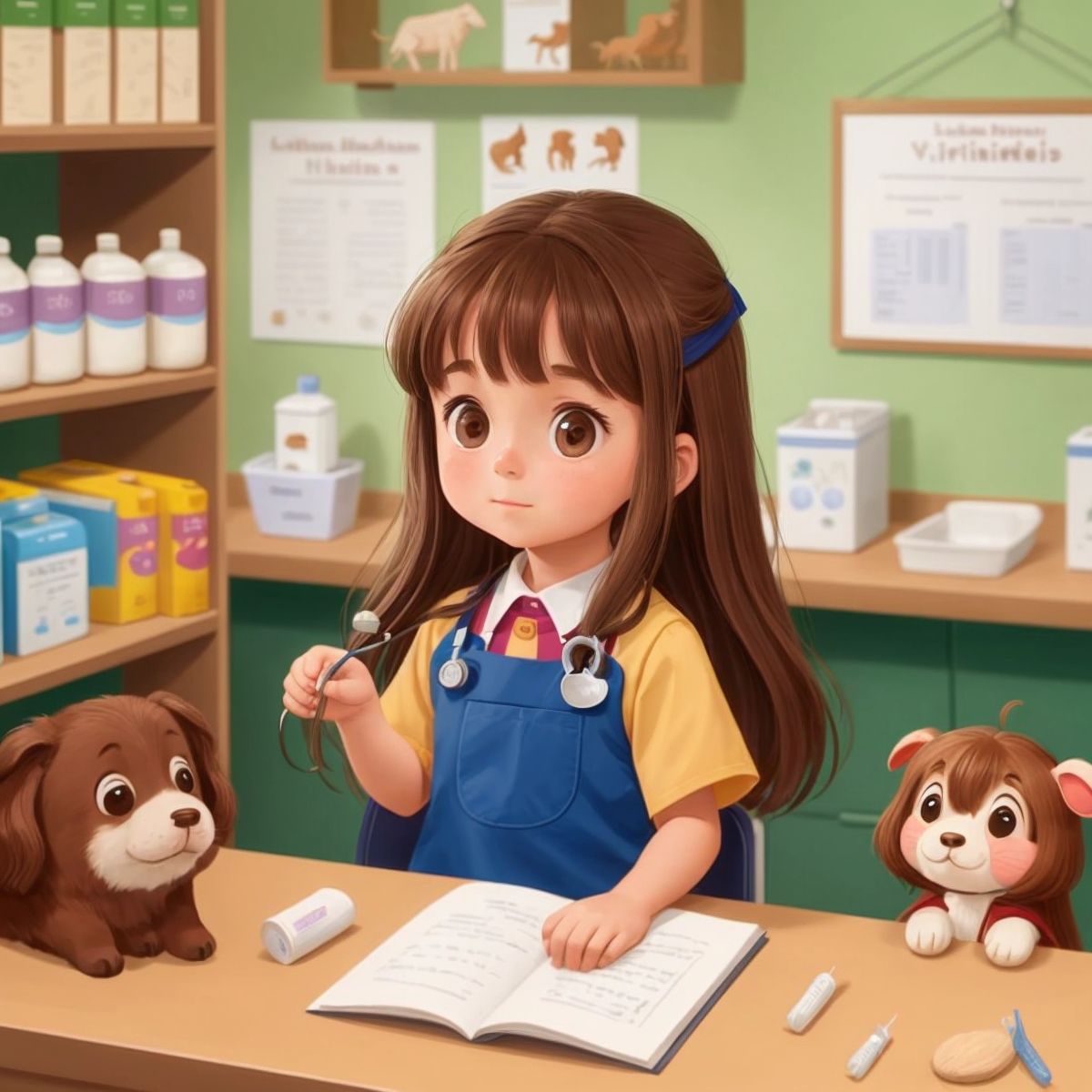 Adult Emily Rose in her veterinarian clinic, treating a variety of animals. The background shows a clinic with a sign that reads 'Dr. Emily Rose, Veterinarian'.