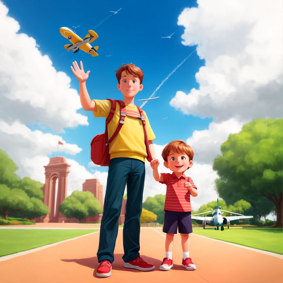 Brian holding a remote-control airplane with excitement in his eyes, standing at the entrance of the park with his mom waving in the background.