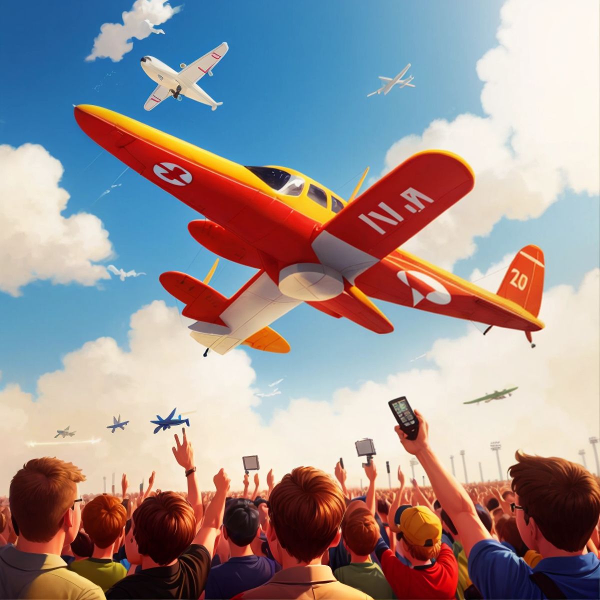 Brian's remote-control airplane soaring into the sky among other airplanes, with a crowd of people in the background cheering.