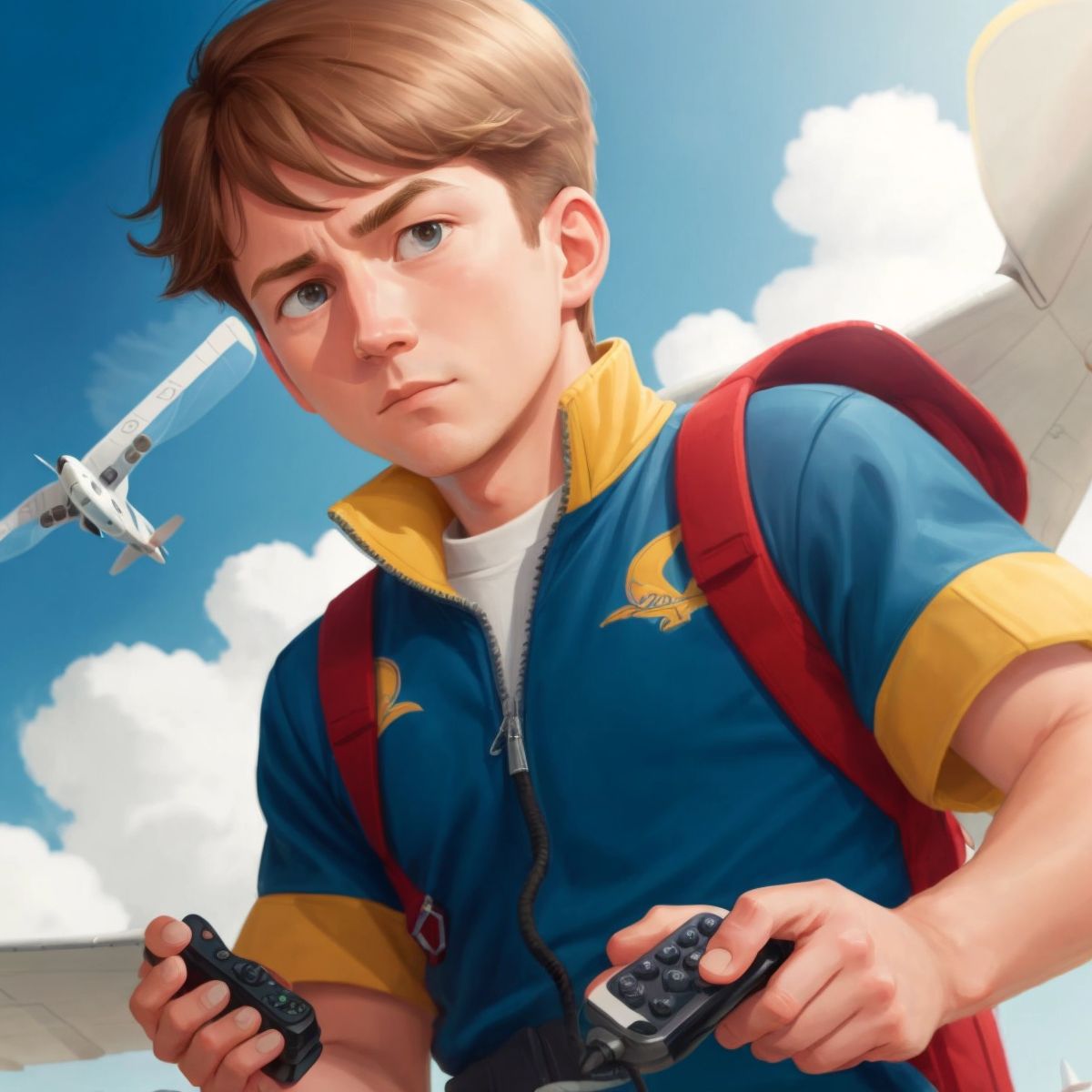 Brian with a focused expression, holding the remote control tightly as he steers his airplane back on course against a windy sky.