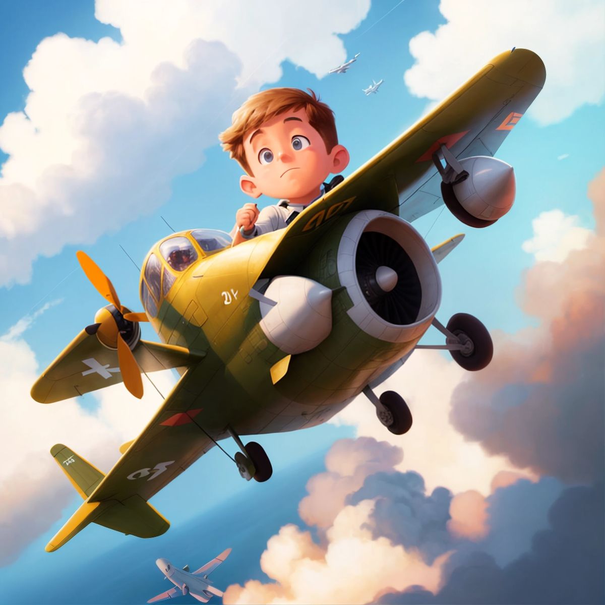 Brian's airplane reaching high into the sky, touching the clouds, with a look of triumph on Brian's face as he controls it from the ground.