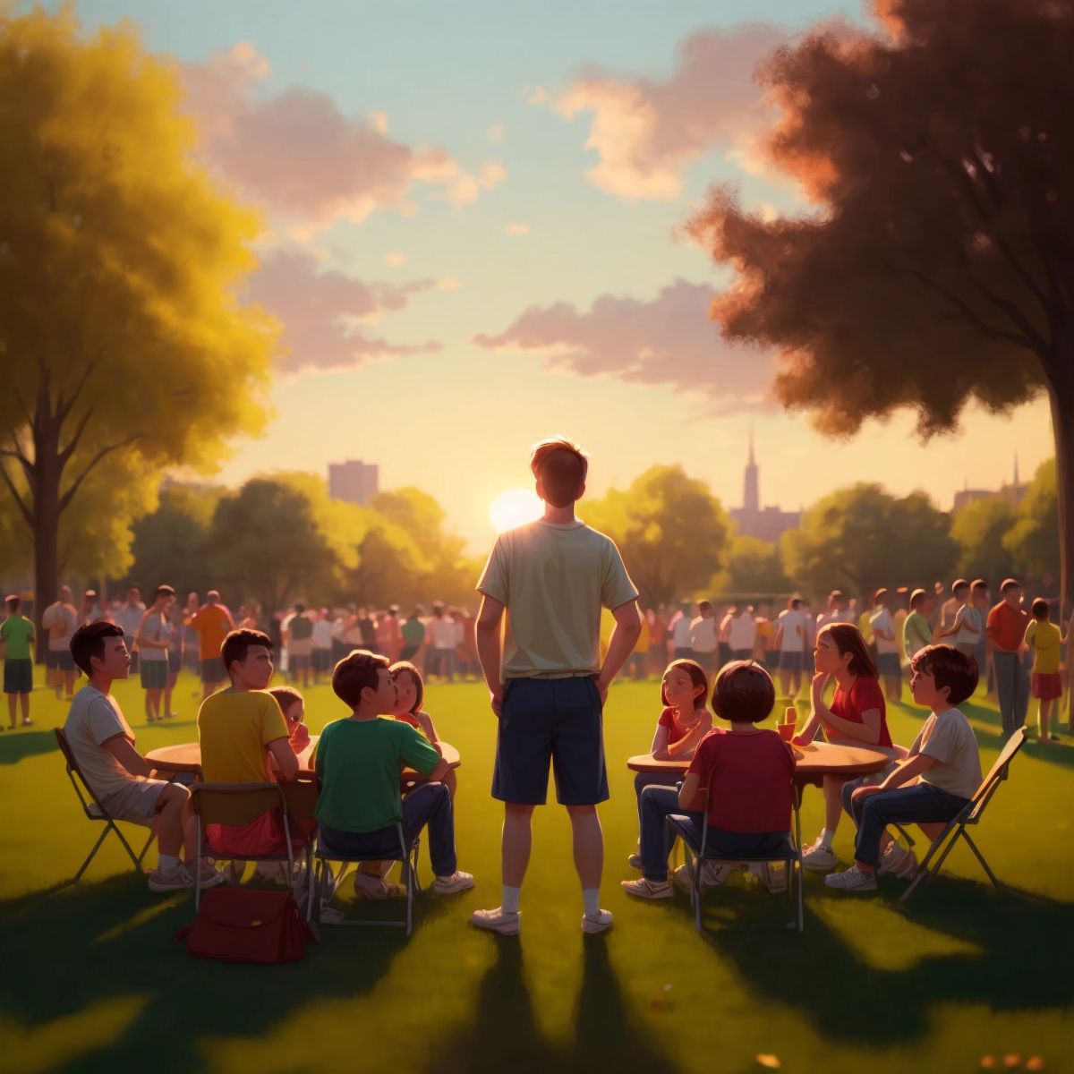 Brian surrounded by friends and family at the park, with the sun setting behind them, creating a warm, celebratory atmosphere.