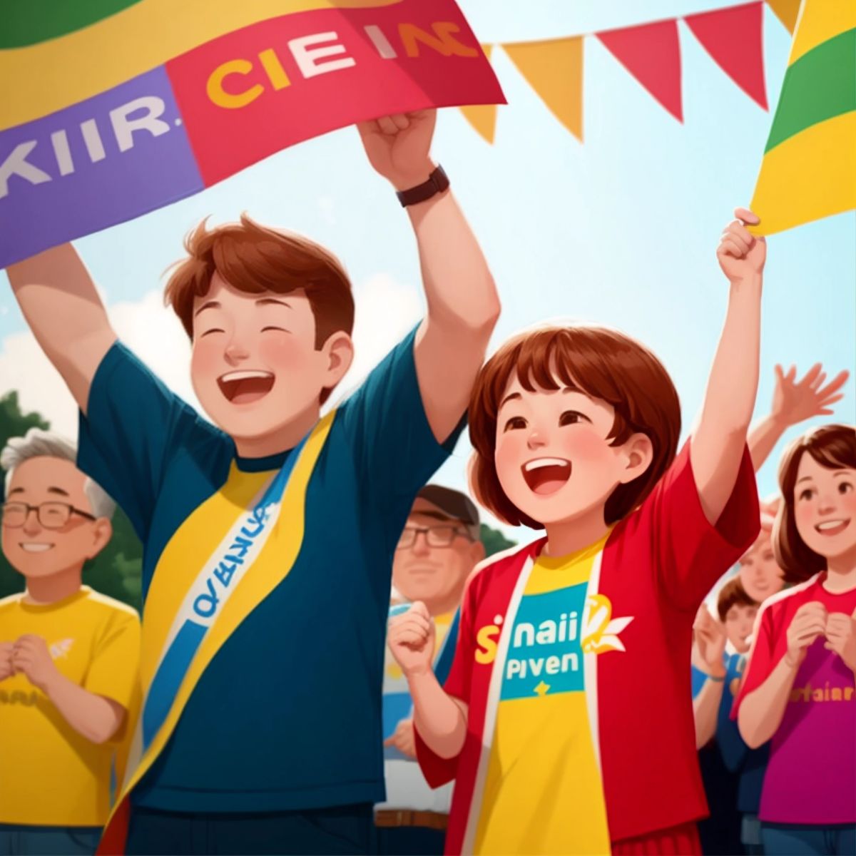 Brian's parents in the crowd, holding colorful banners with Brian's name on them, cheering enthusiastically.