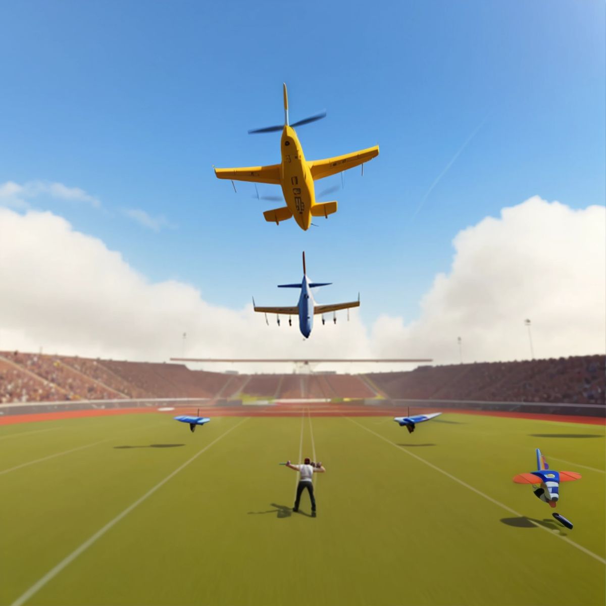 Remote-control airplanes performing stunts in the air, with Brian and Alex visible in the background, cheering and supporting their friends.