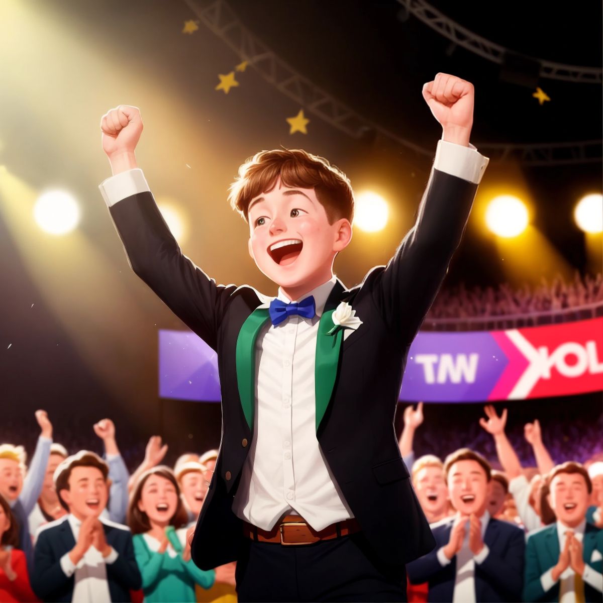 Brian, with a look of disbelief and joy, as his name is announced as the winner, with the crowd clapping and celebrating in the background.