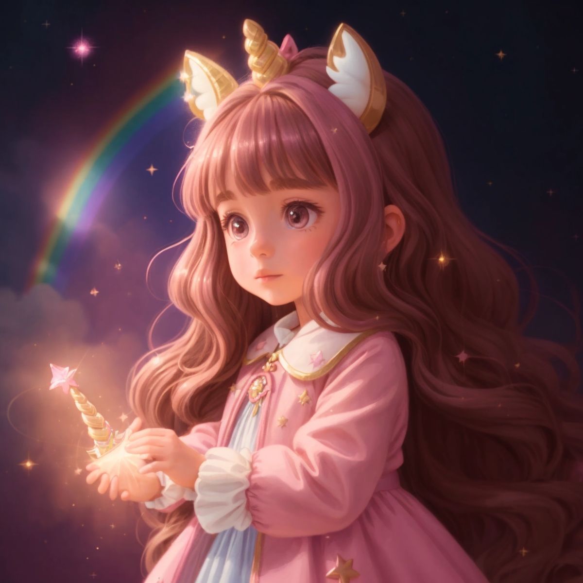 Ella the unicorn princess with a shimmering pink coat and a sparkling mane, her magical horn glowing with rainbow colors against the backdrop of Sparkledust Castle.