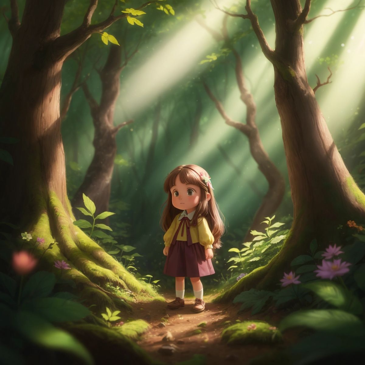 A sole Ella in a forest clearing, with a background hinting at the presence of colorful fairies out of focus in the magical light.