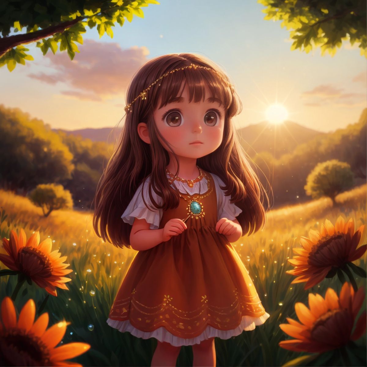 Ella wearing a shimmering necklace made of dewdrops, standing in the meadow with the sun setting behind her, creating a silhouette with a soft glow around her.