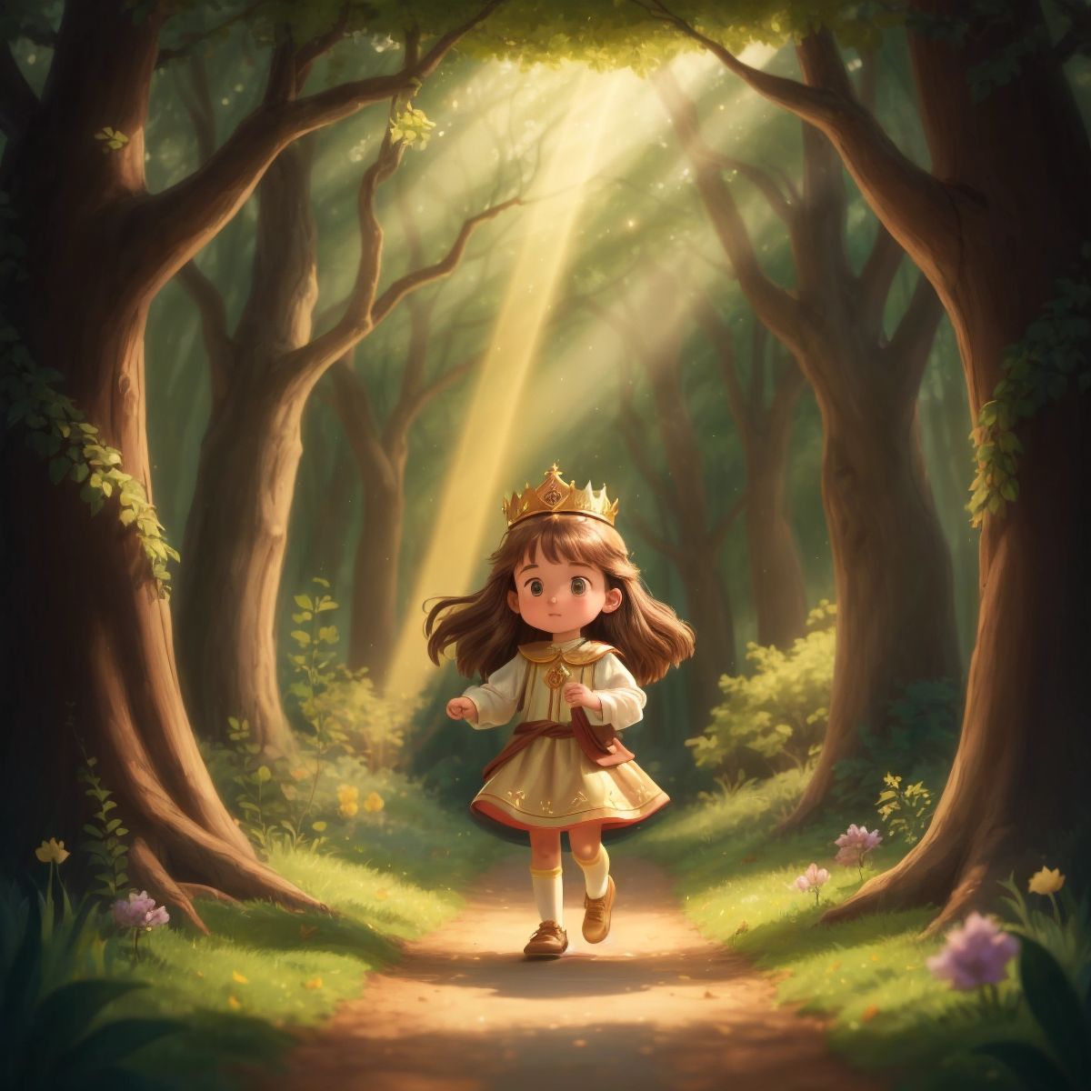 Ella wearing her golden crown, trotting into the enchanted forest with trees around her and light beams creating a mystical atmosphere.