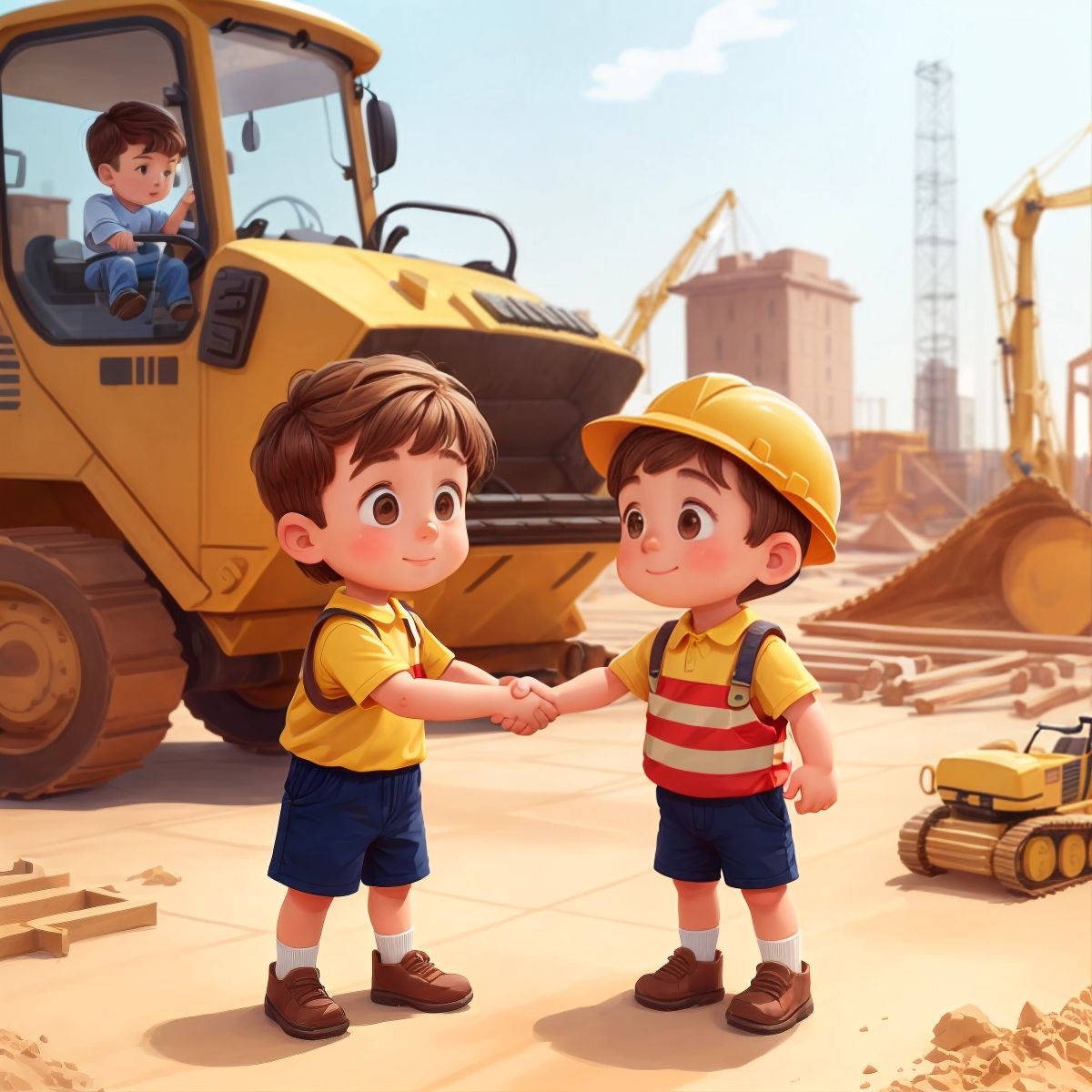 Cayson at the construction site, shaking hands with the manager, the big yellow bulldozer in the background.