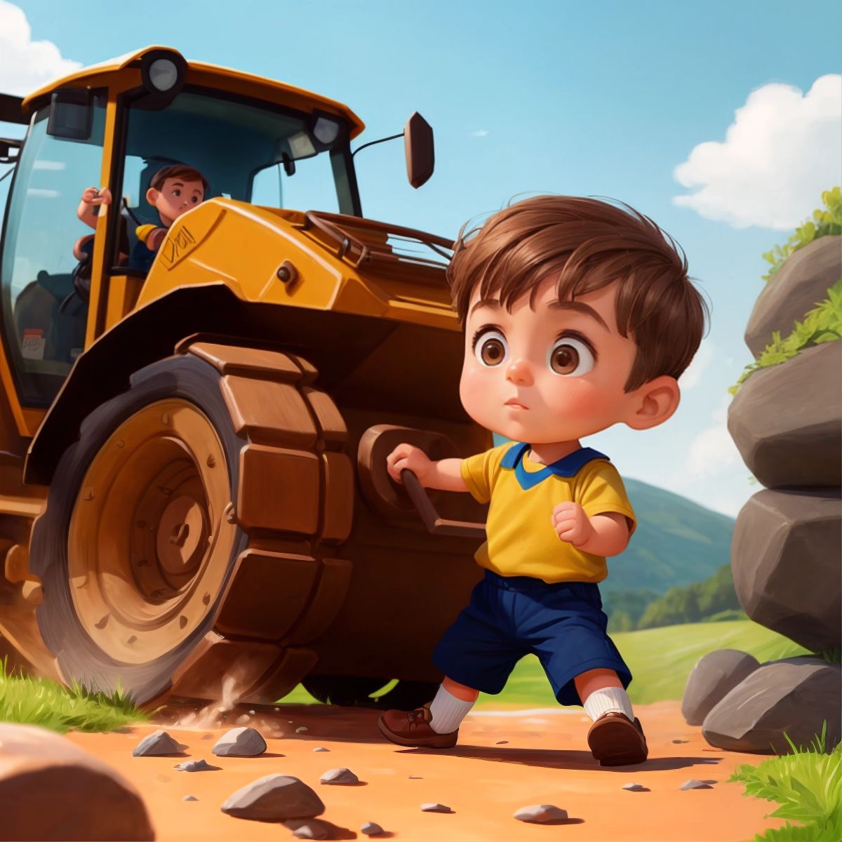 Cayson operating the bulldozer, pushing a large rock, with a look of concentration.