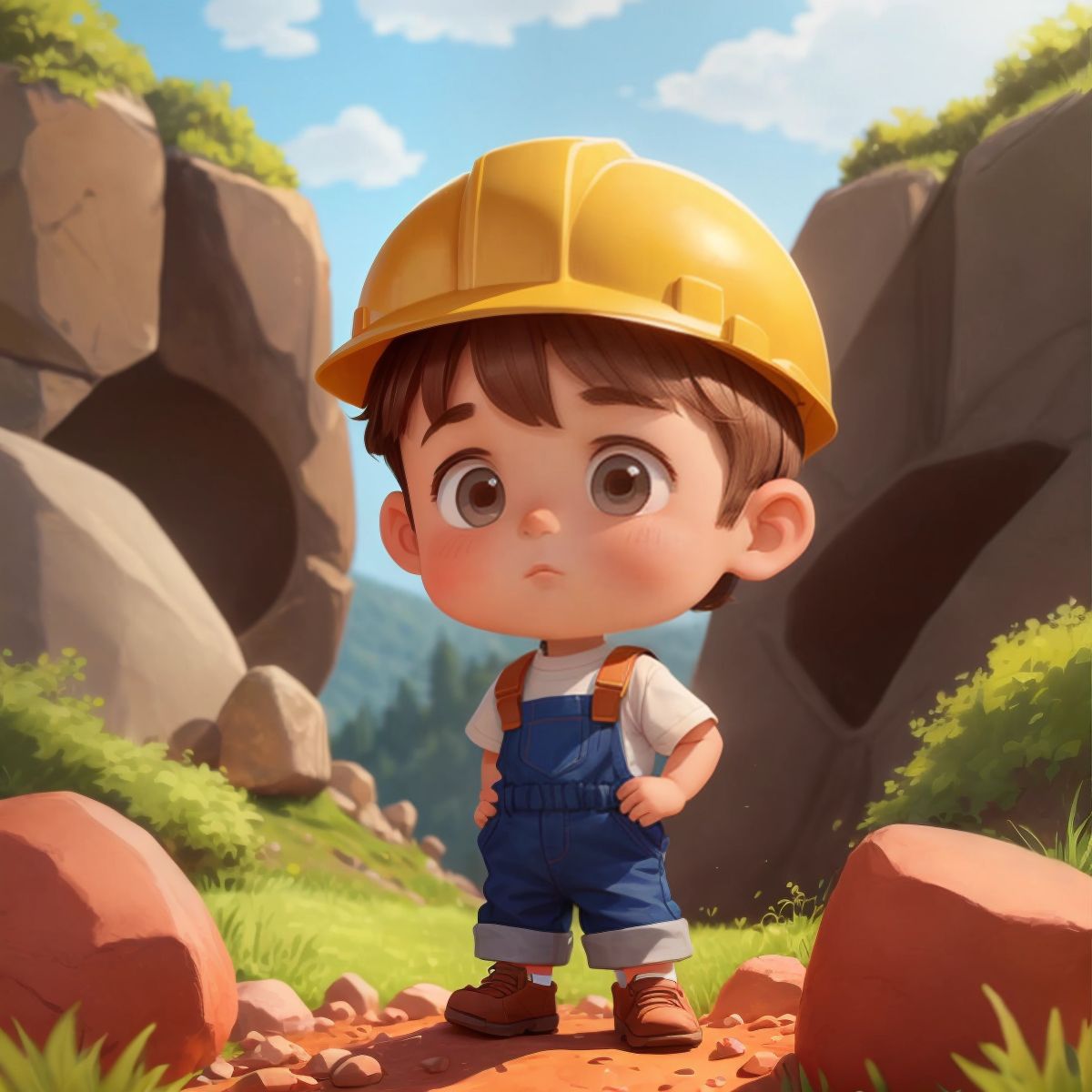 Cayson with short brown hair, wearing a tiny hard hat, standing in front of a large bulldozer with rocks around.