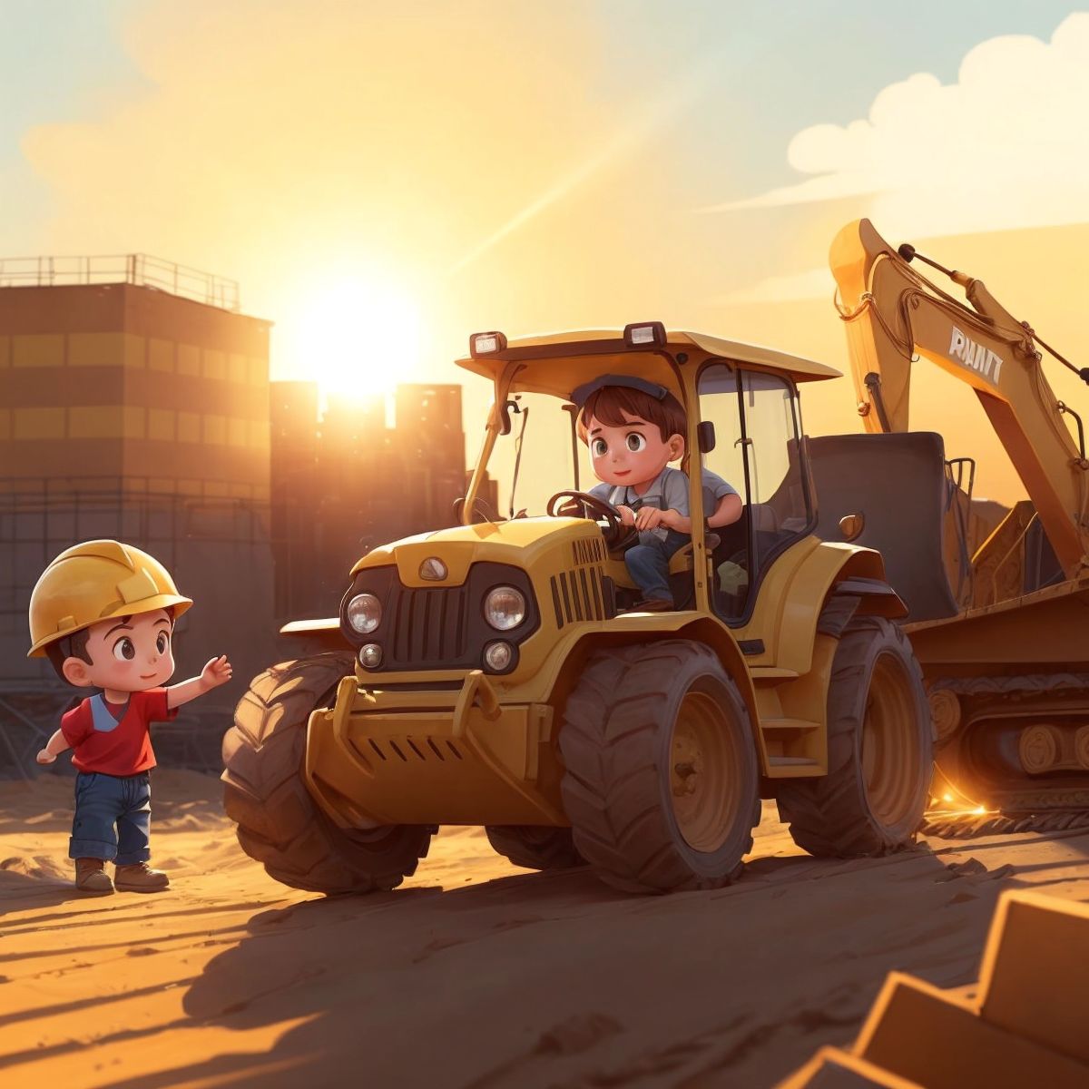 Cayson in the bulldozer with the sun setting behind him, construction workers in the background cheering.