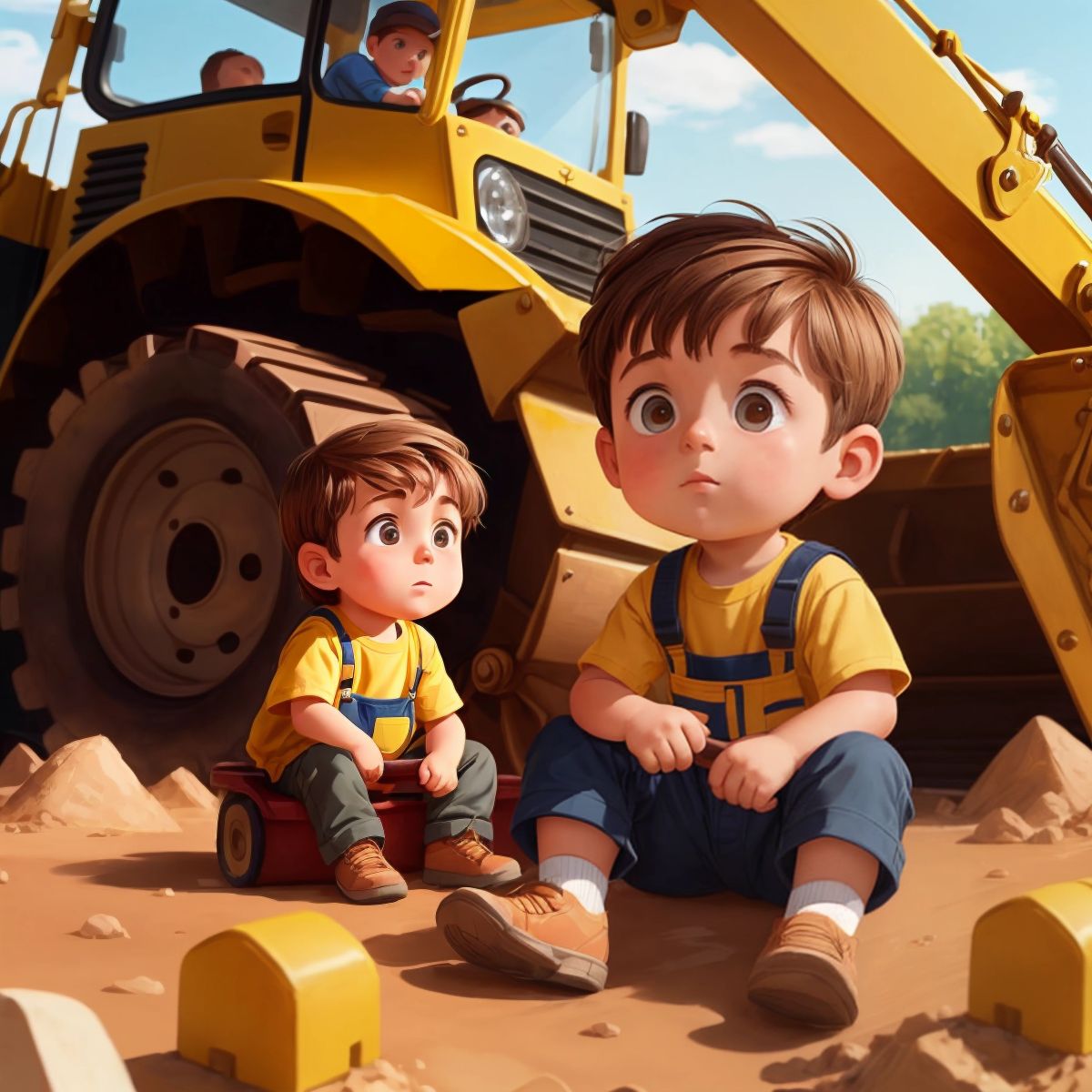 Cayson sitting in the bulldozer with a focused expression, a construction worker guiding him from the ground.