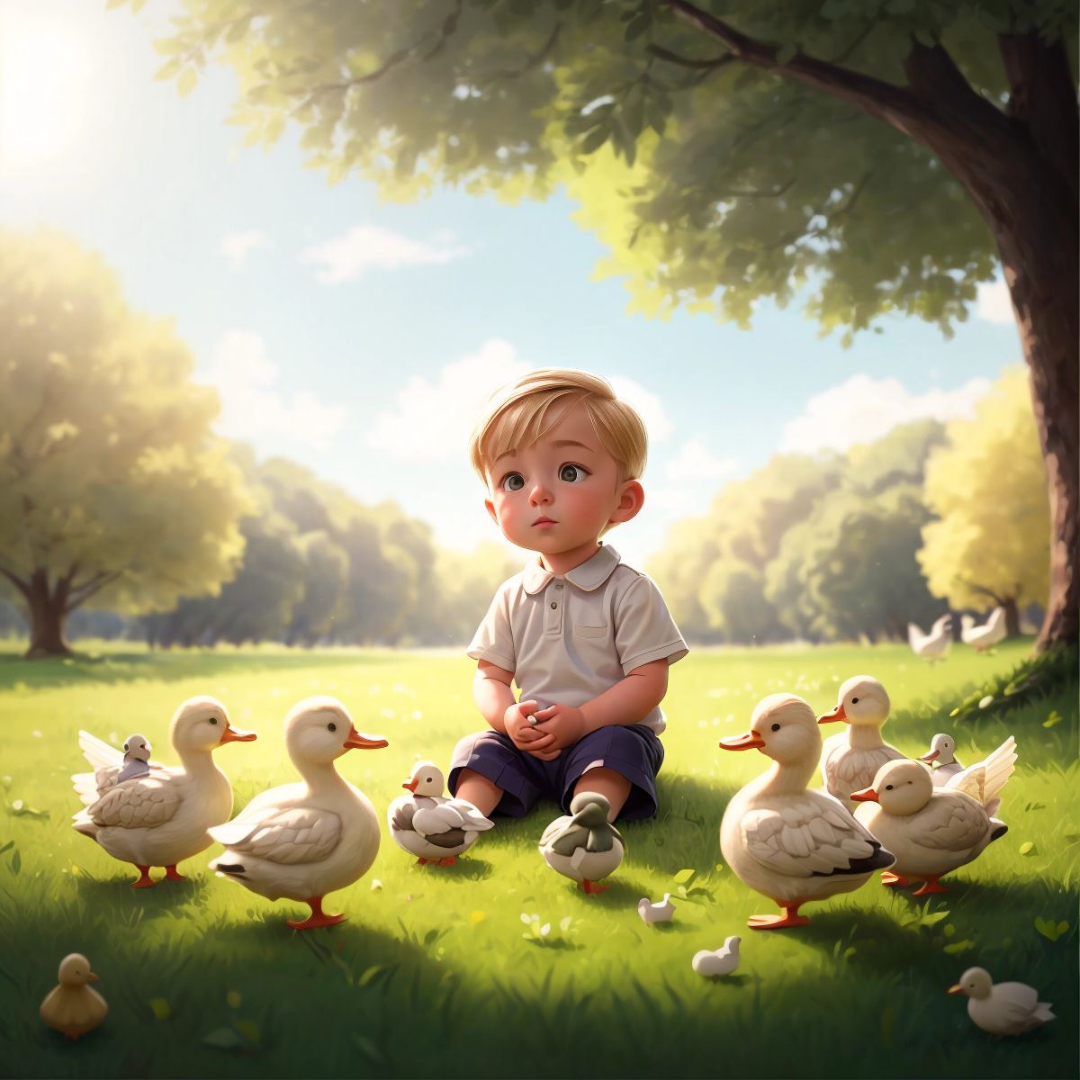 Benji sitting on the grass with a group of ducks around him, the sun shining and trees in the background.