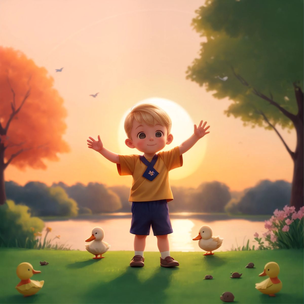 Benji waving goodbye to a duck at sunset, with the colors of the sunset in the sky and the silhouette of the park.