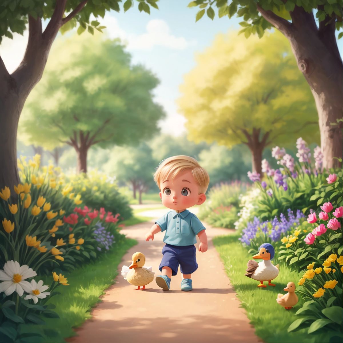 Benji walking on a park trail with a duck beside him, exploring the park with bushes and flowers around.