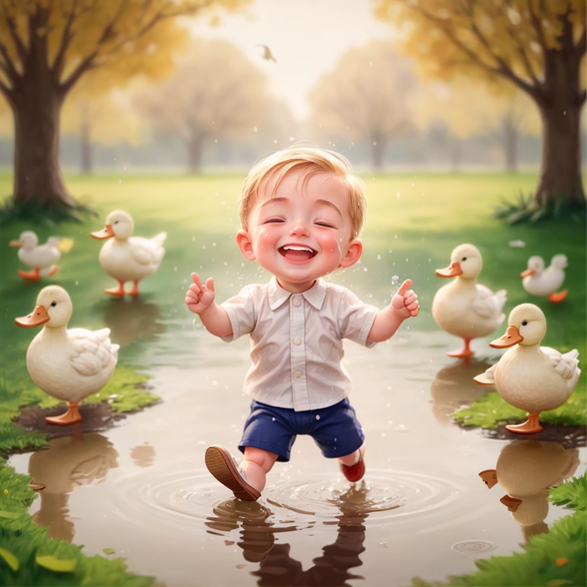 Benji laughing and splashing in a puddle with a single duck, with other ducks in the background blurred out.