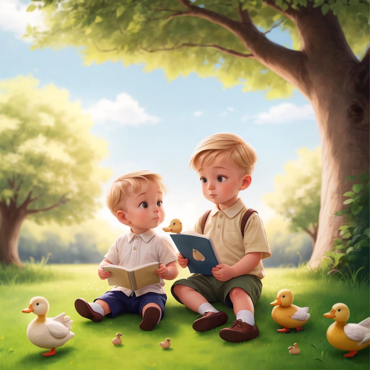 Benji sitting with a duck, both looking at a photo album filled with pictures of their adventures, under a tree.