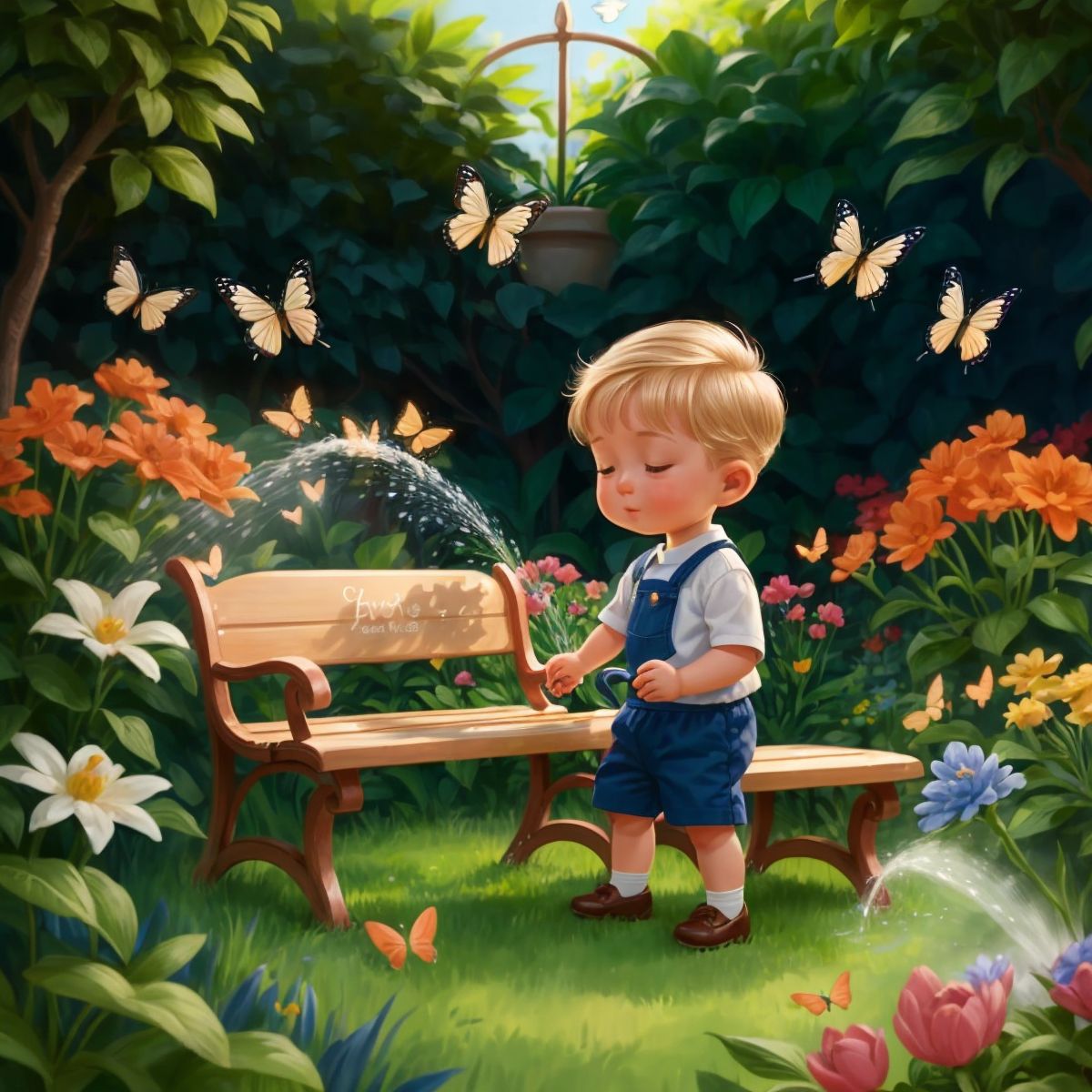 Brooks watering flowers in a lush garden, with butterflies around and a bench with grandma's name on it.