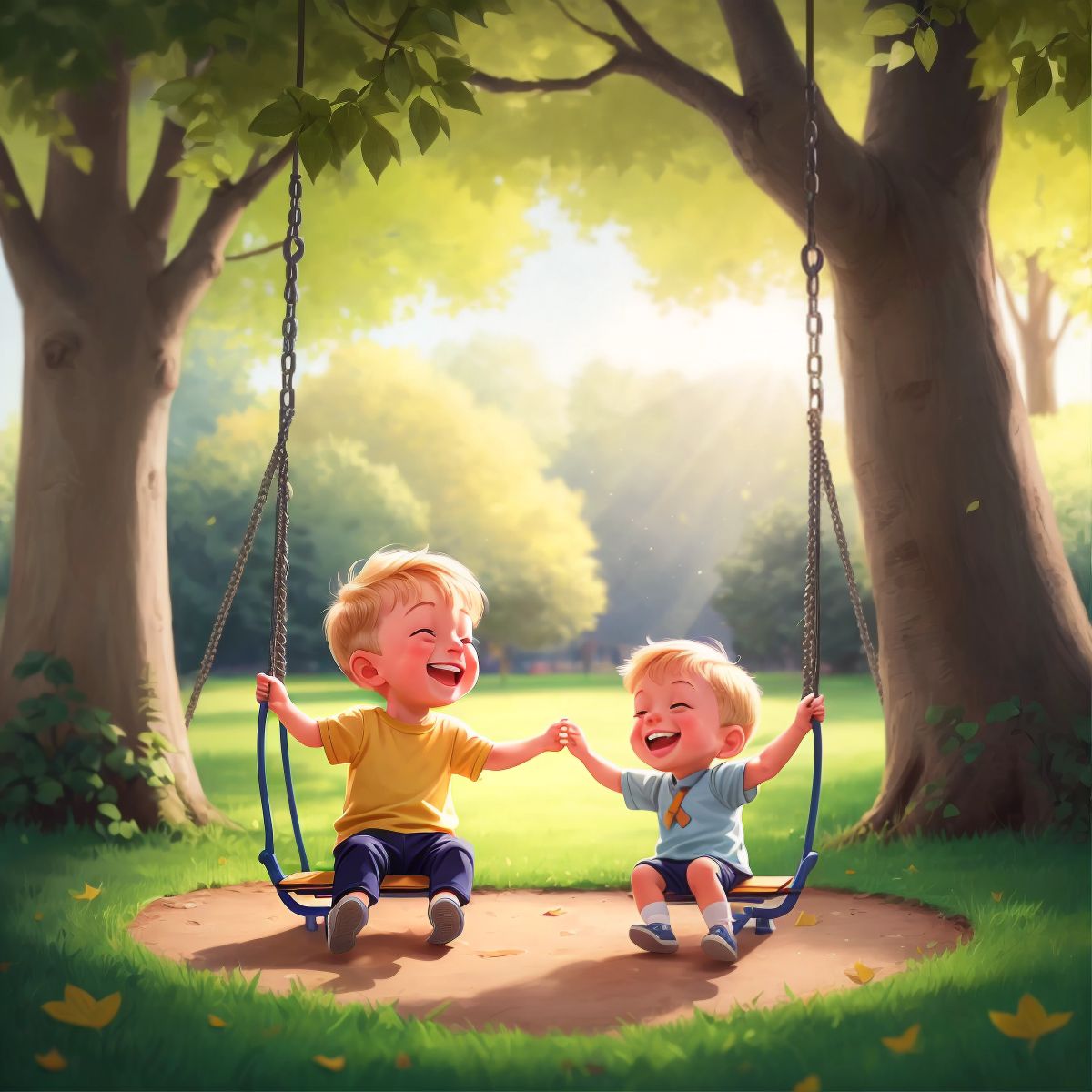 Brooks laughing with another child as they play on the swings in the park, with sunlight streaming through the trees.