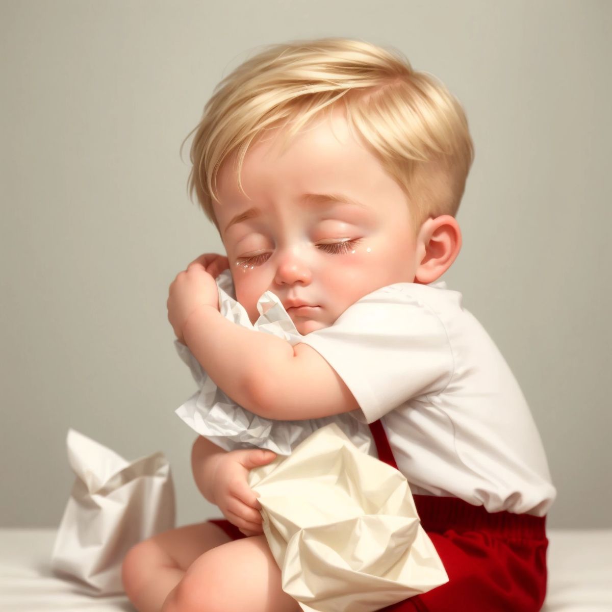 Brooks in a comforting embrace with his parents, with a few tears on his cheek and a tissue box nearby.