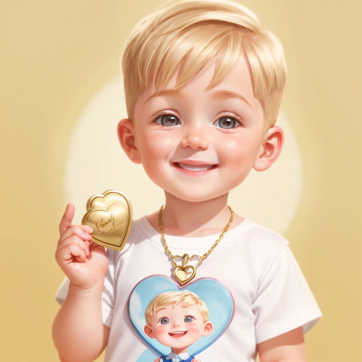 Brooks smiling and holding a heart-shaped locket with a picture of his grandma inside.