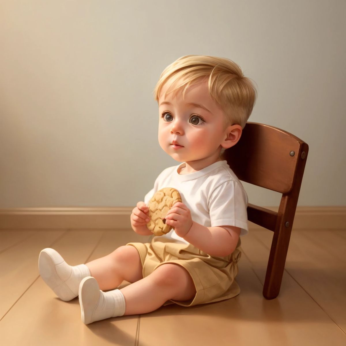 Brooks sitting on the floor with a cookie in hand, looking at an empty chair with a warm, cozy background.