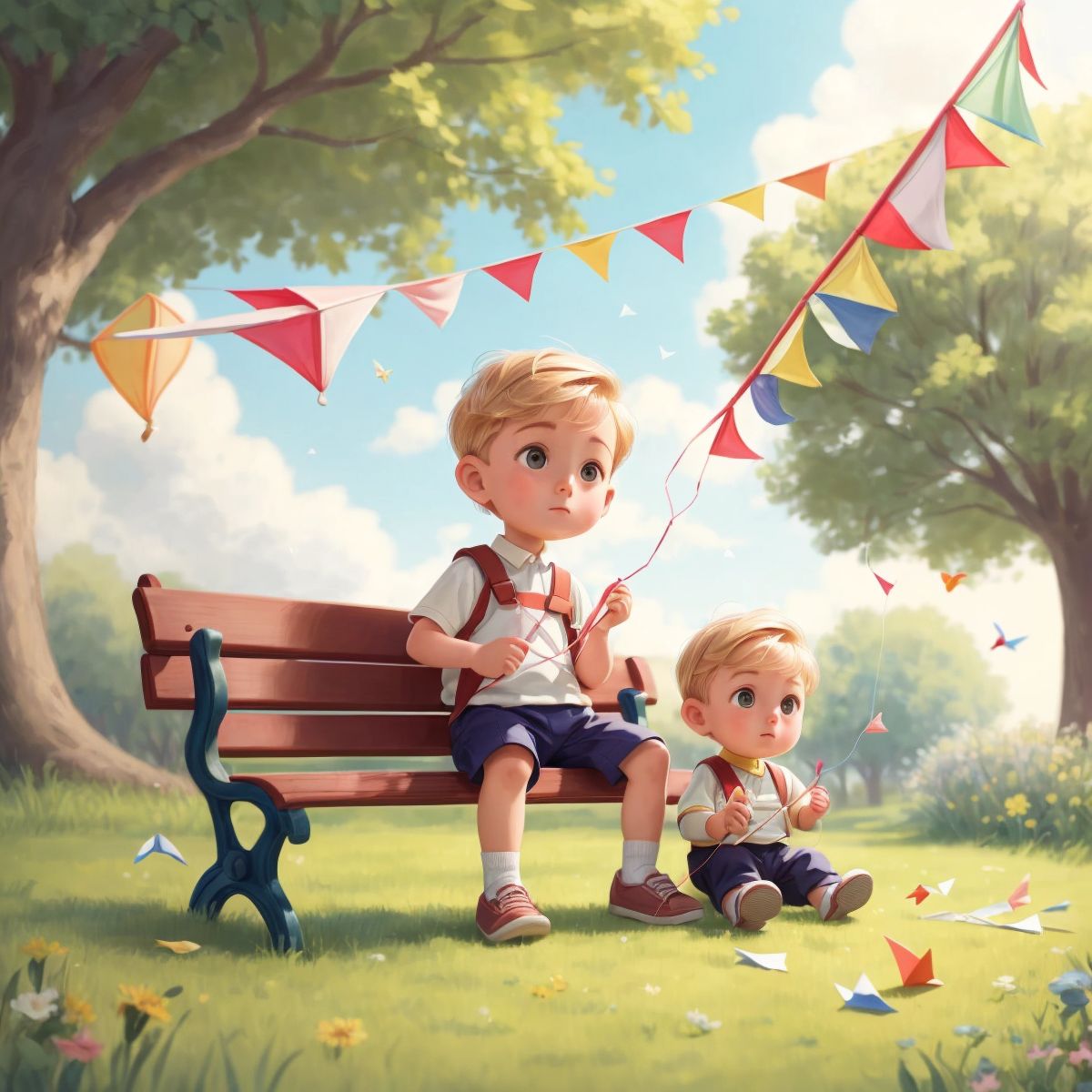 Brooks sitting on a bench in a park, holding a photo of him and his grandma flying kites, with a kite flying in the background.