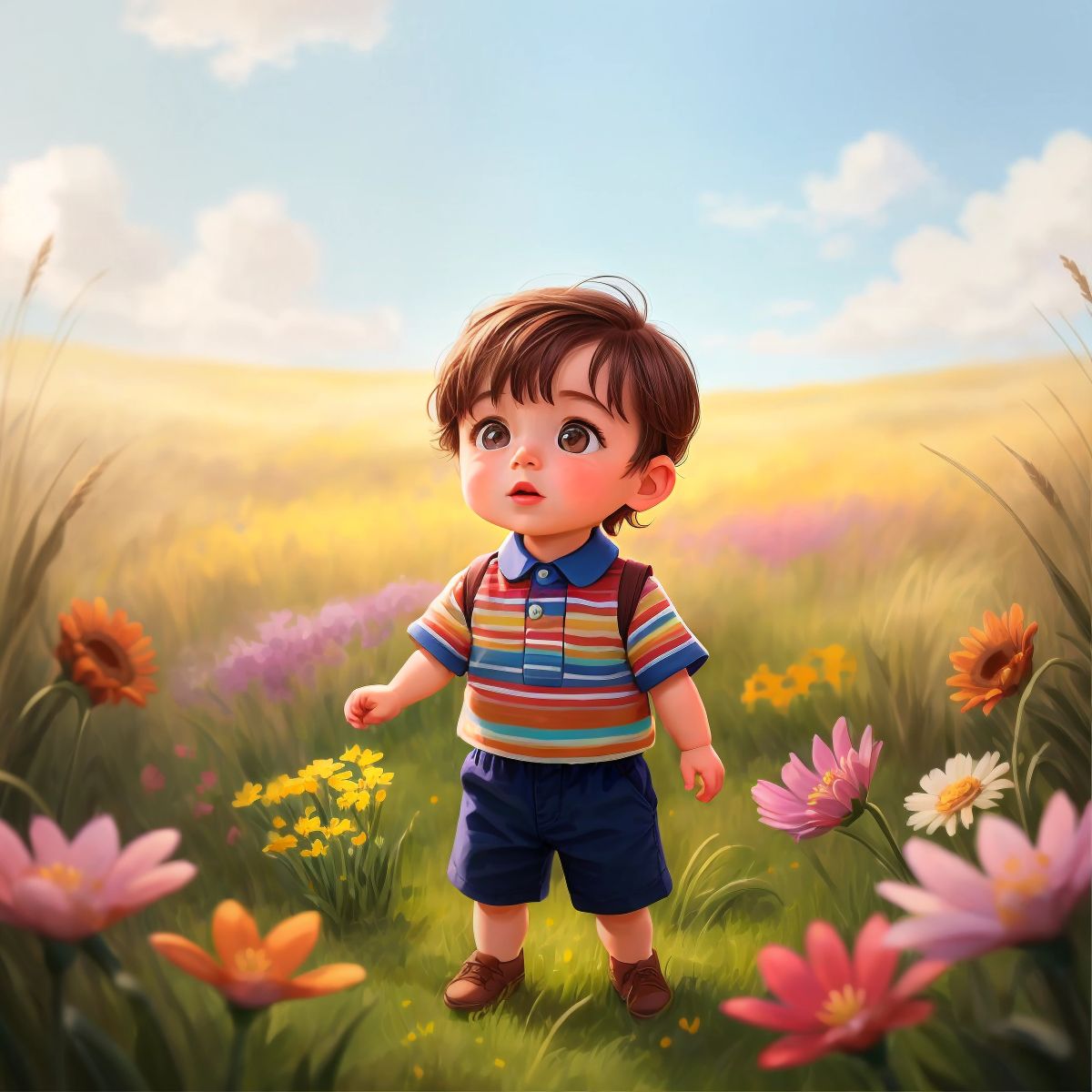 Vinnie standing in awe in the middle of a dreamy field with tall grass and colorful flowers, with a look of wonder on his face.