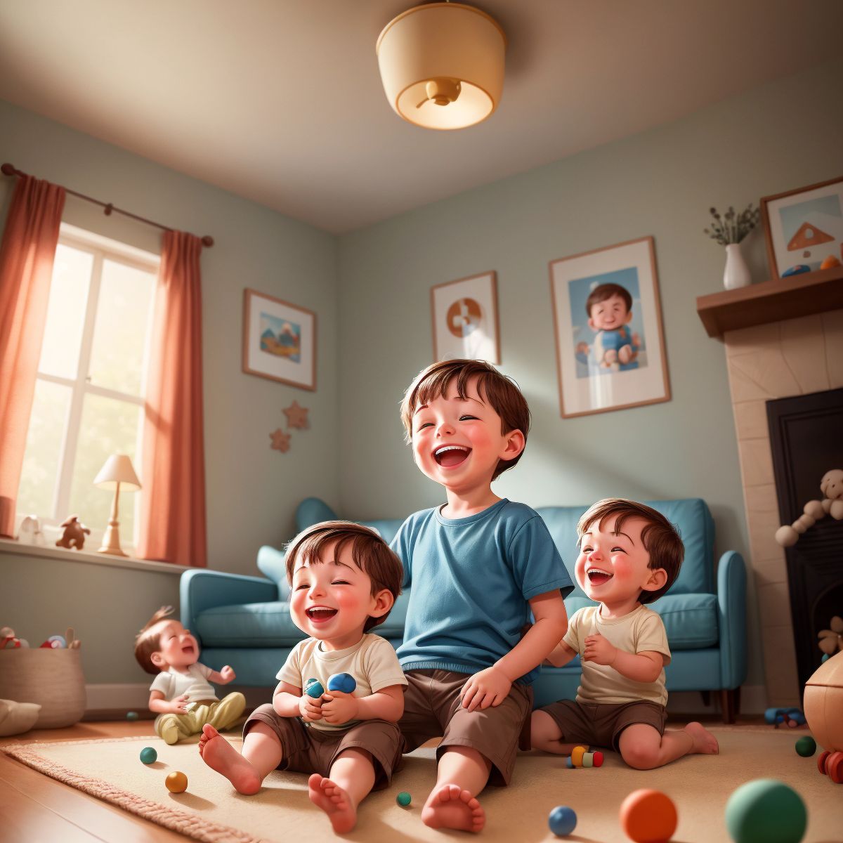 Vinnie laughing surrounded by his family in a cozy living room, with toys scattered around and a sense of joy in the air.