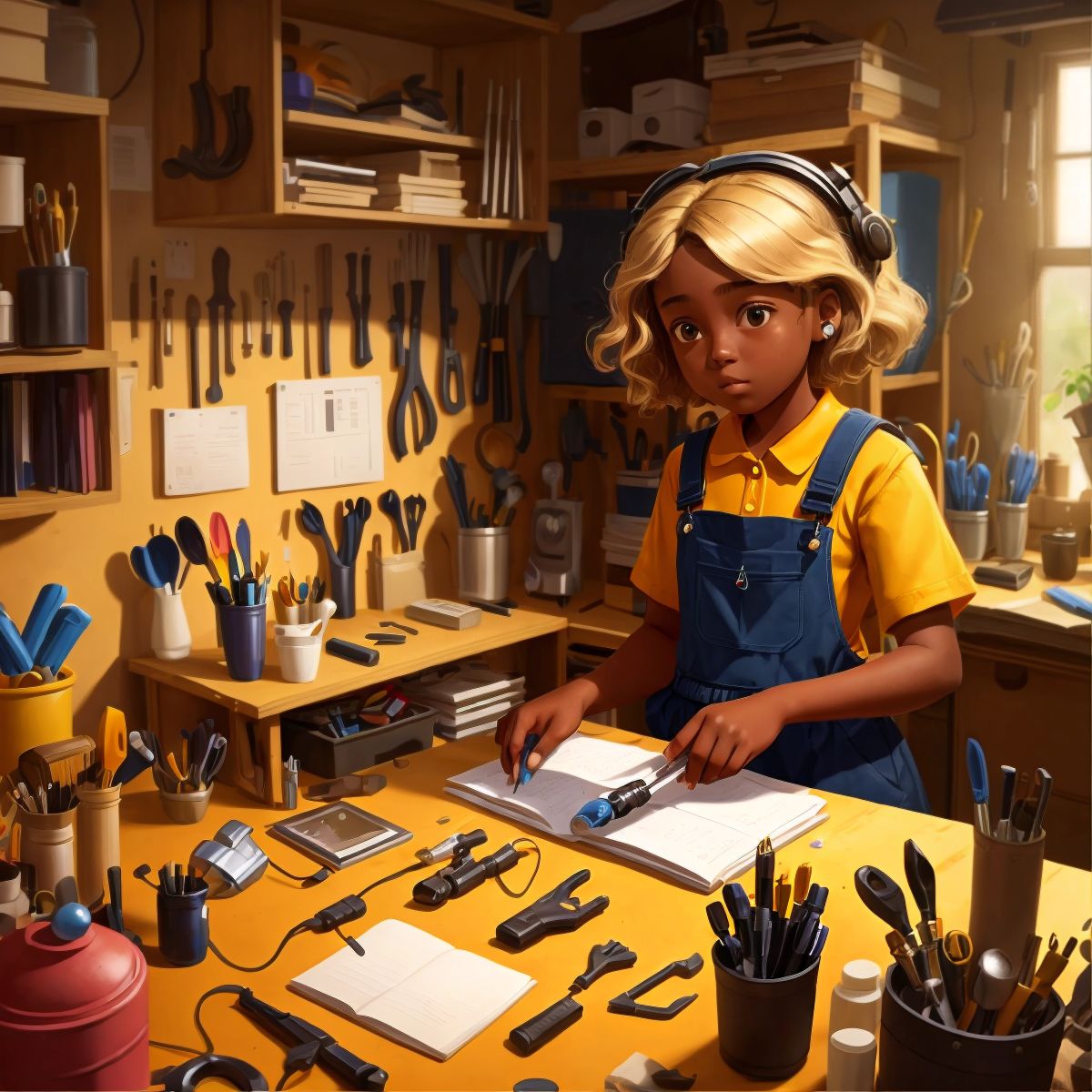 Ella working on a gadget in her cluttered workshop, filled with tools and parts.