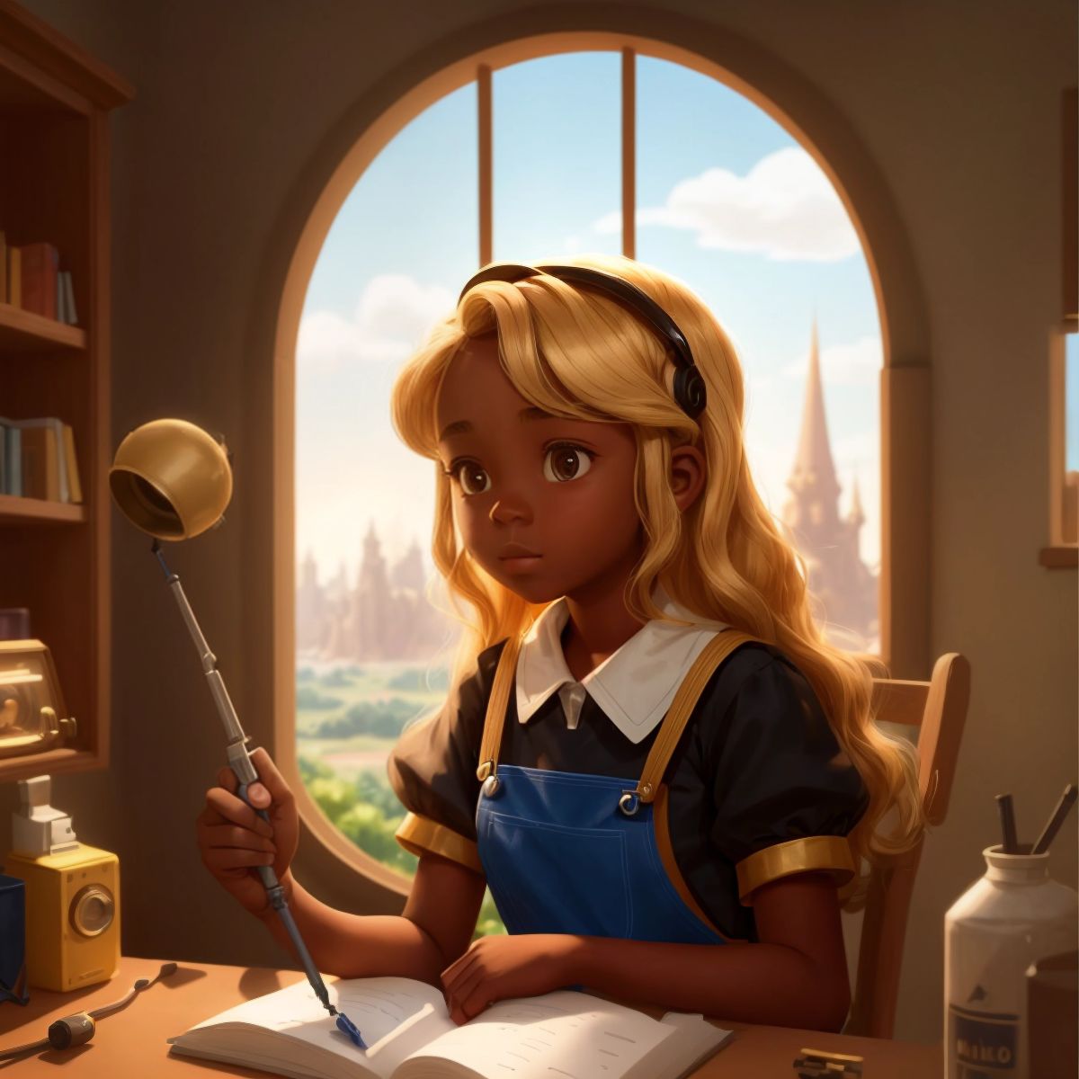 Ella, known as 'Ella the Tinkerer', working on a new invention with a window showing the kingdom in the background.