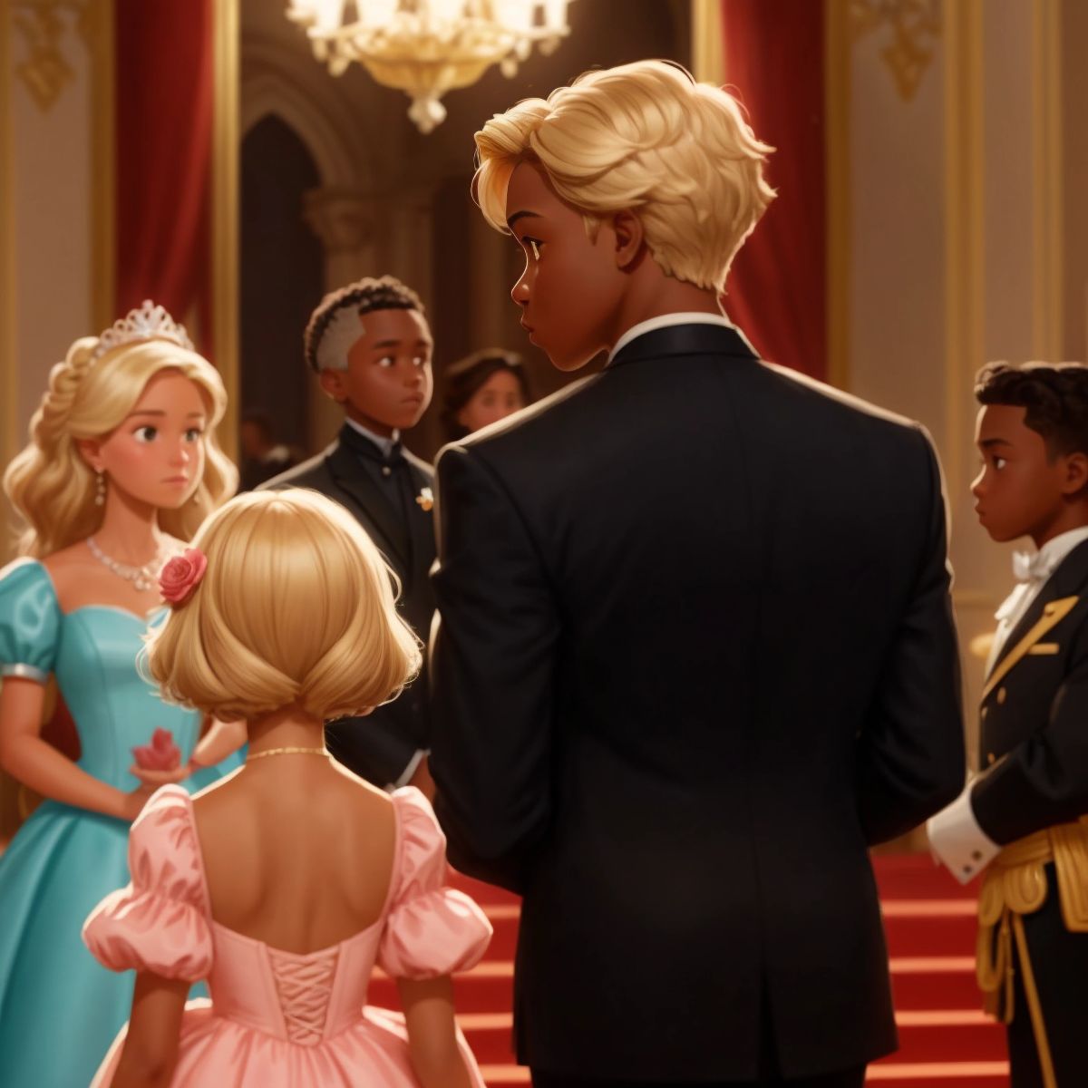 Ella's stepfamily, shown in the background from behind, watching Ella being celebrated at the Royal Ball.