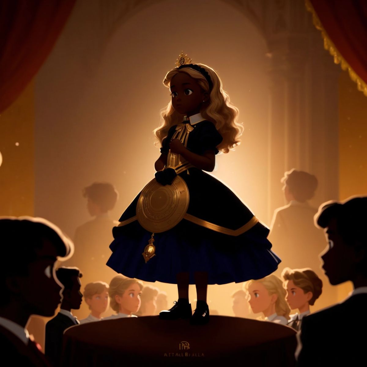 Ella at the Royal Ball with her invention, with a crowd of silhouettes in the background expressing amazement.