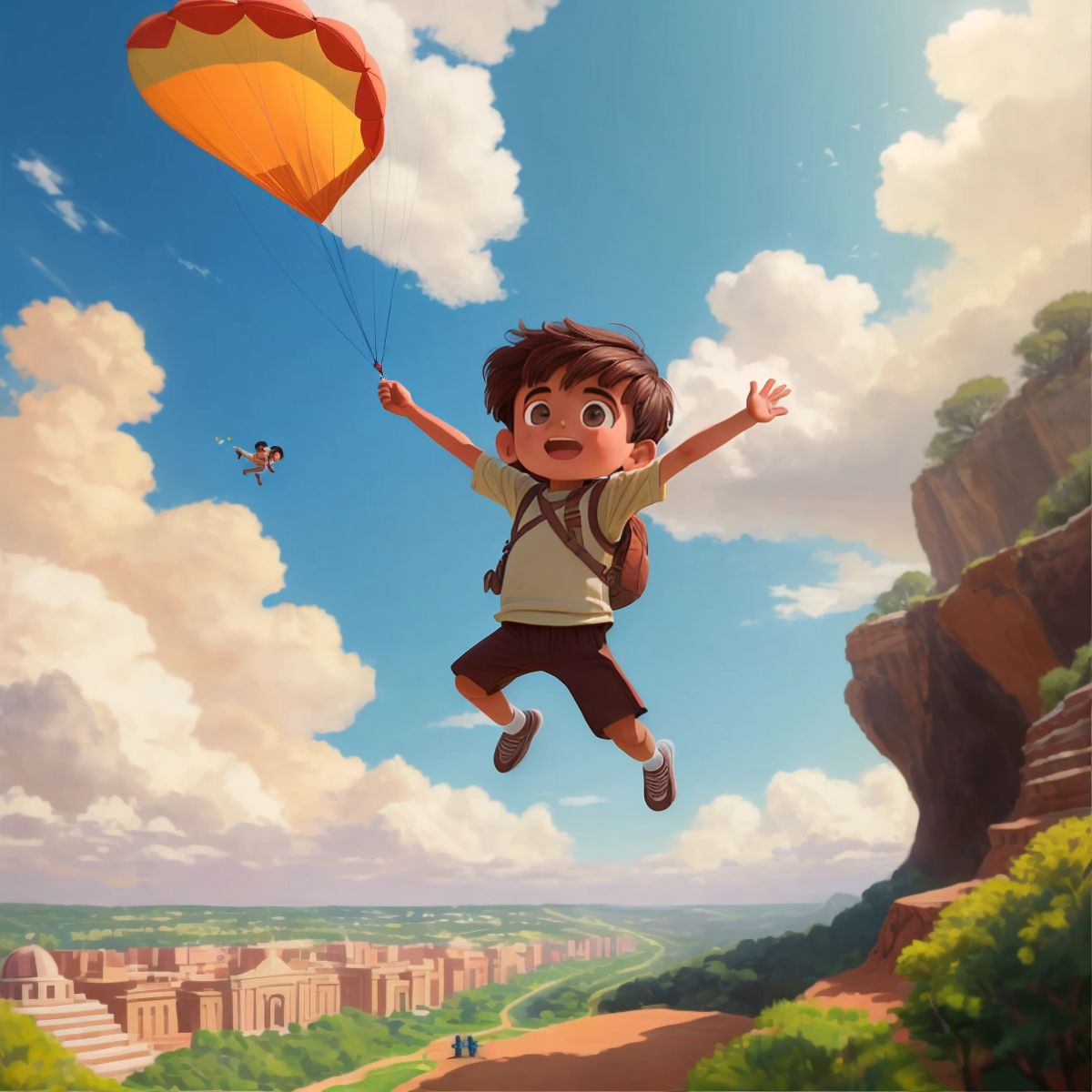 Blendy jumping off a cliff with a makeshift parachute, with a backdrop of the sky and the park below, showing a transition from the real to the imagined.