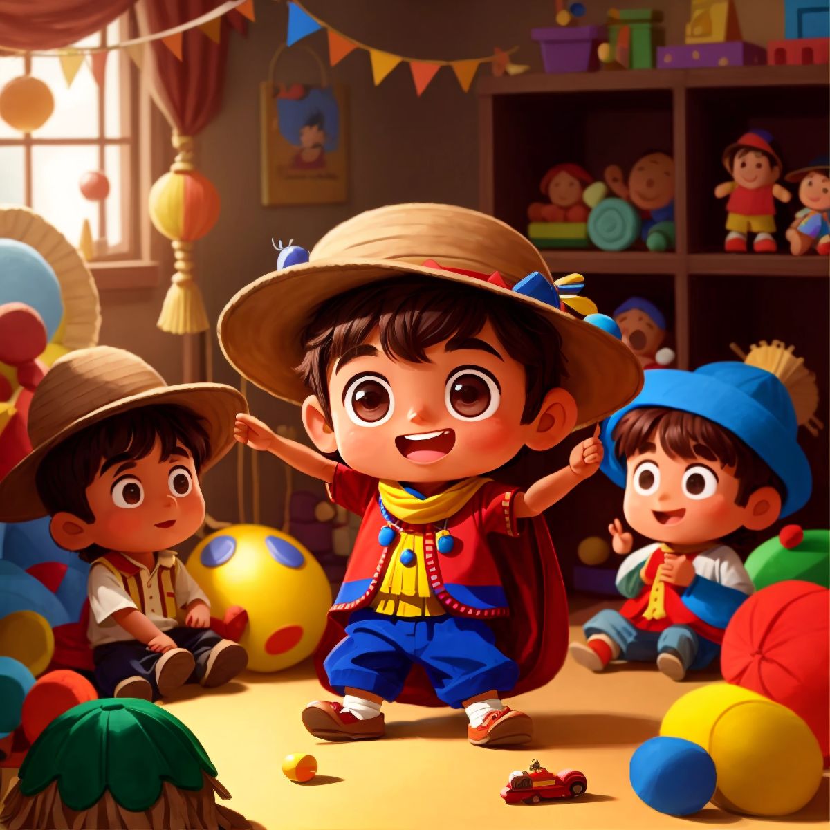 Blendy with his hat, surrounded by friends in a room filled with toys and costumes, symbolizing the joy of imagination and play.