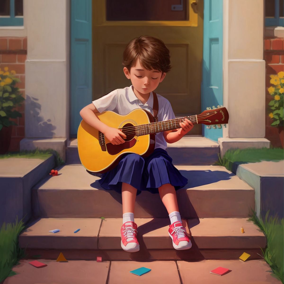 Kid 1 playing a guitar softly, sitting on the steps of a school with musical notes floating around.