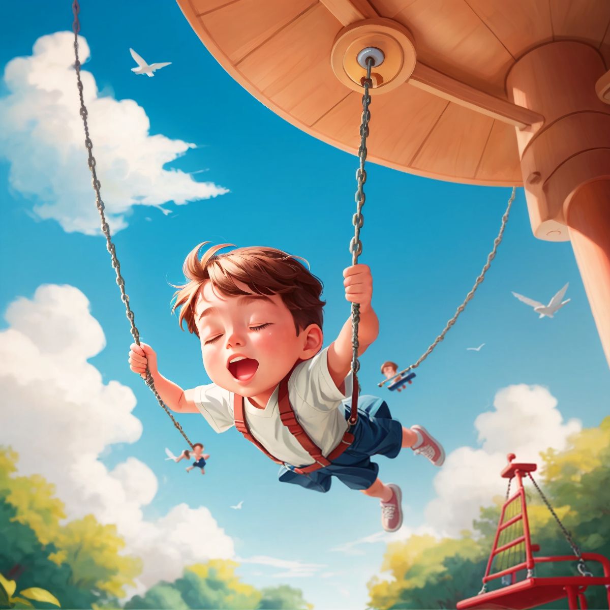 Kid 1 swinging on a swing set, eyes closed and dreaming of flying among the clouds in a playground.