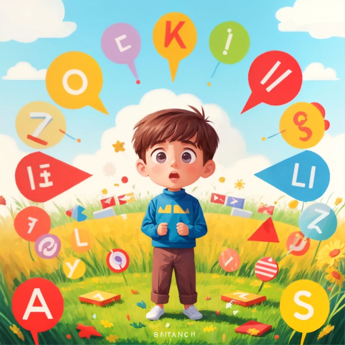 Kid 2 speaking dramatically, surrounded by speech bubbles in different languages, standing in a field of alphabet letters.