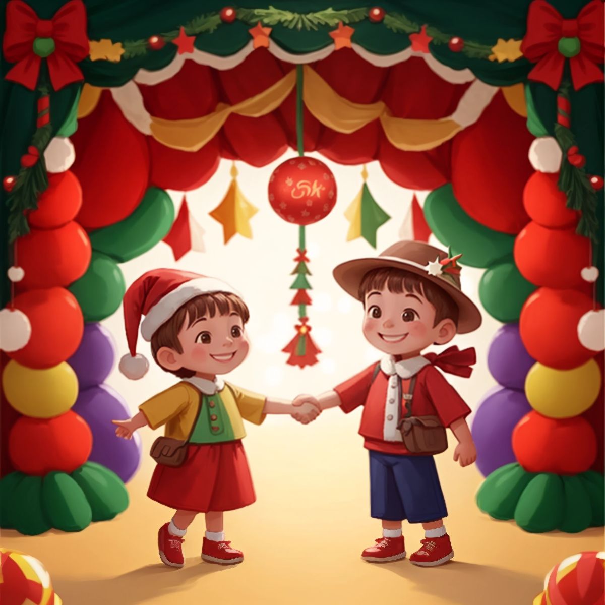 Kid 1 and Kid 2 shaking hands with warm smiles, surrounded by festive decorations at a festival.