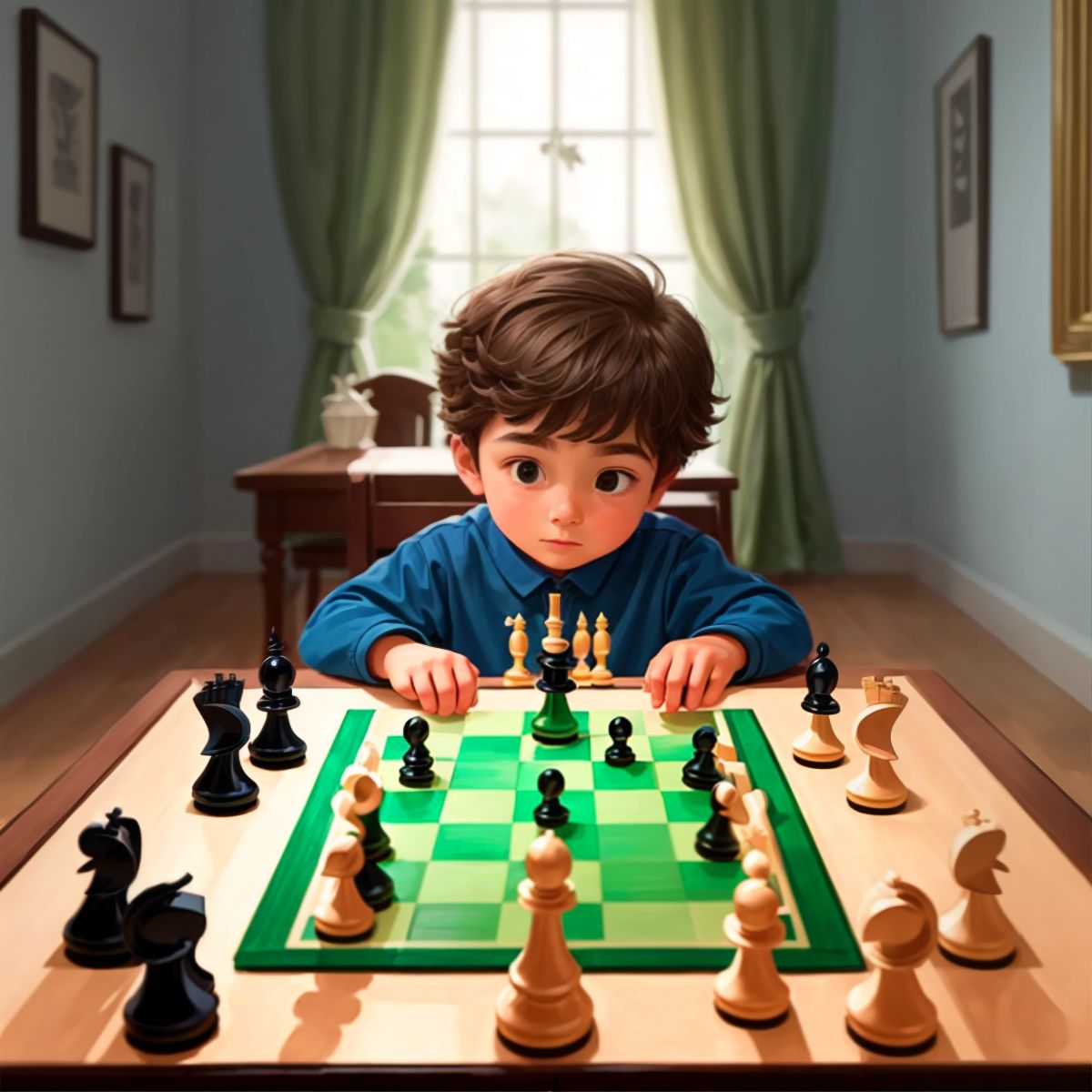 Kid 2 deep in a game of chess, concentrating on the board which is set in the middle of a gallery.