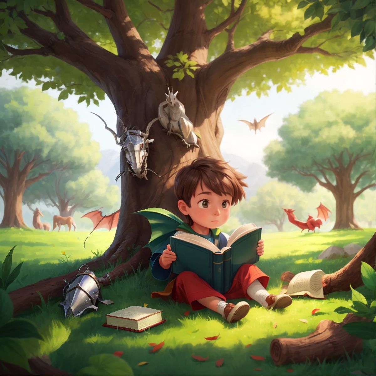 Kid 1 sitting under a tree, engrossed in a large book with knights and dragons illustrated on the cover.